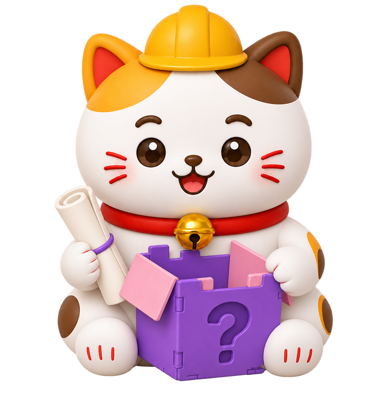 戴安全帽、正在施工的招财萌盒猫咪